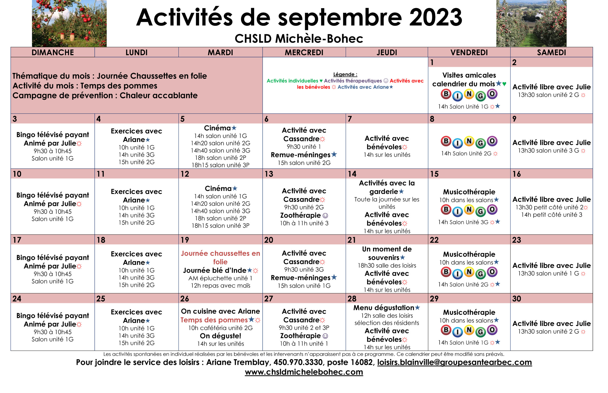 Calendrier des loisirs du mois de septembre 2023 pour les résidents du CHSLD Michèle-Bohec