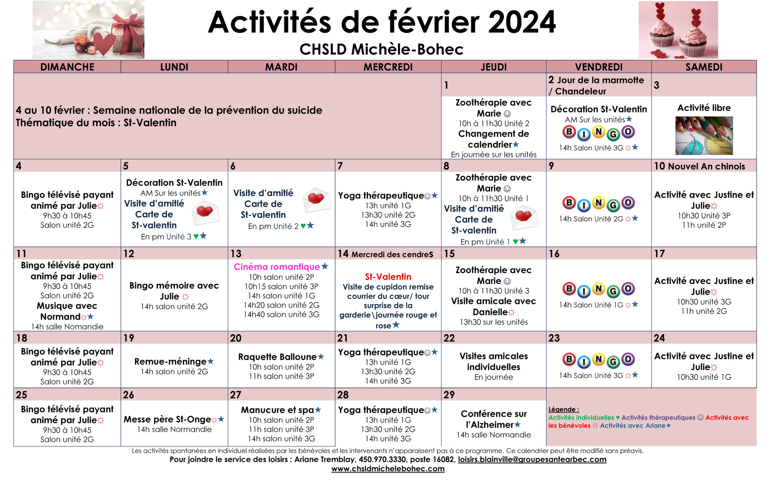 Calendrier des loisirs du mois de février 2024 pour les résidents du CHSLD Michèle-Bohec