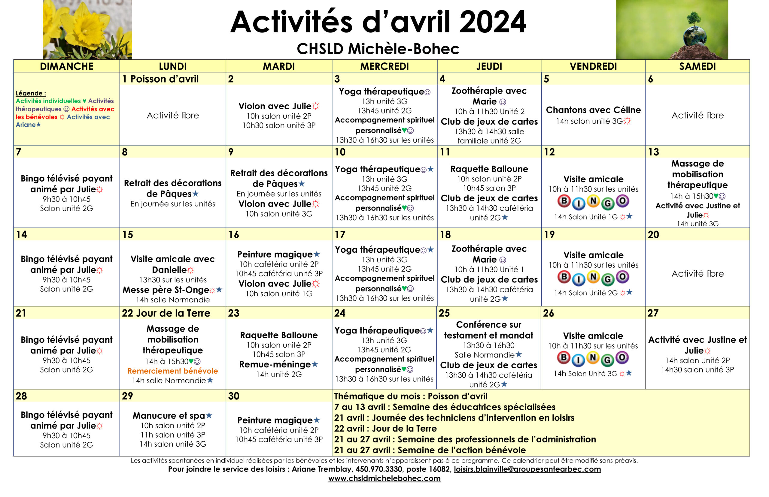 Calendrier des loisirs du mois d'avril 2024 pour les résidents du CHSLD Michèle-Bohec