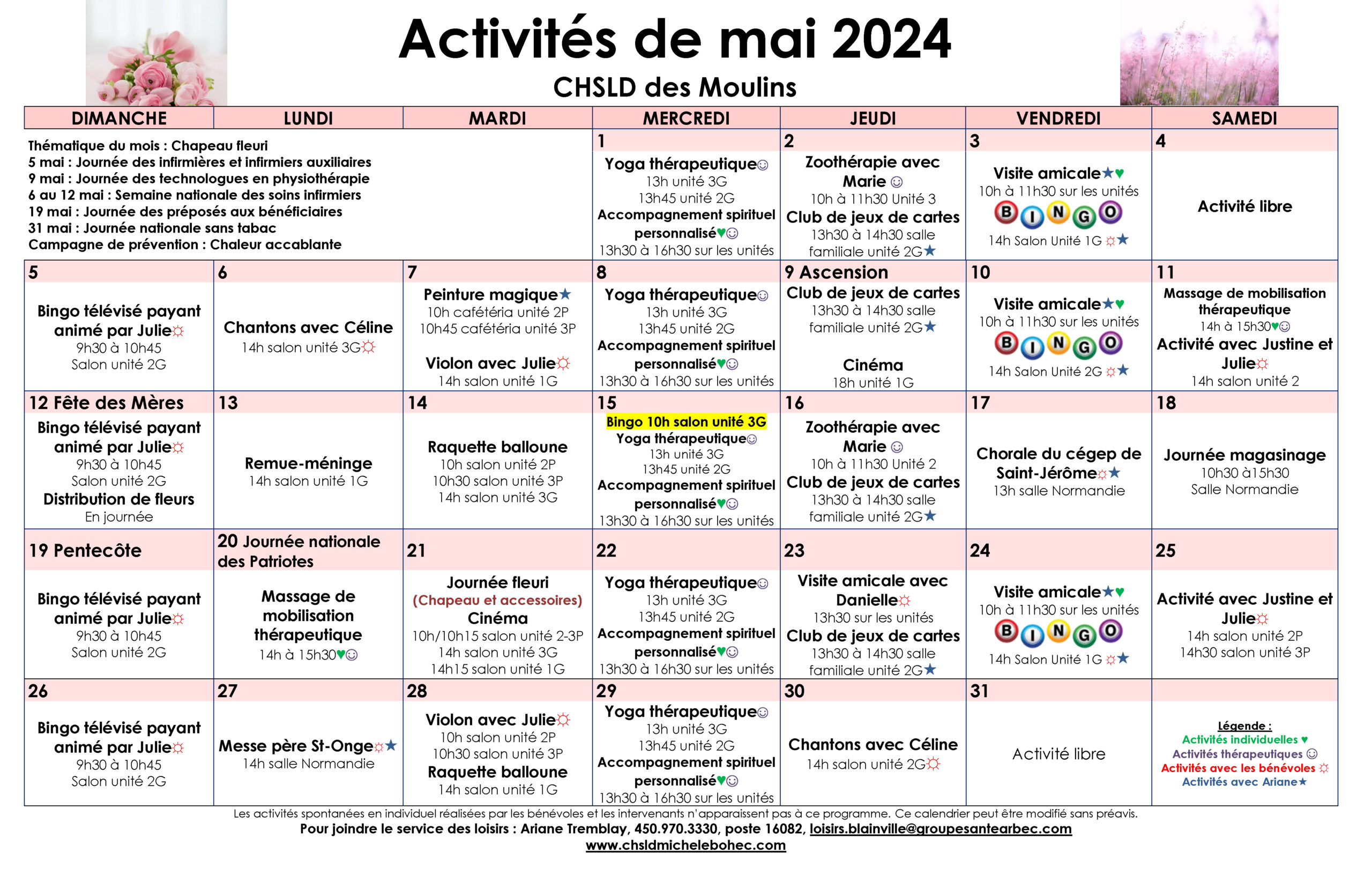Calendrier des loisirs du mois de mai 2024 pour les résidents du CHSLD Michèle-Bohec