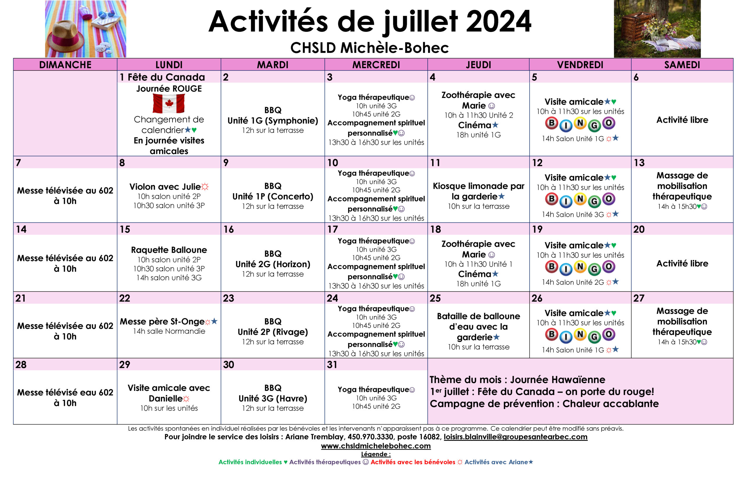 Calendrier des loisirs du mois de juillet 2024 pour les résidents du CHSLD Michèle-Bohec