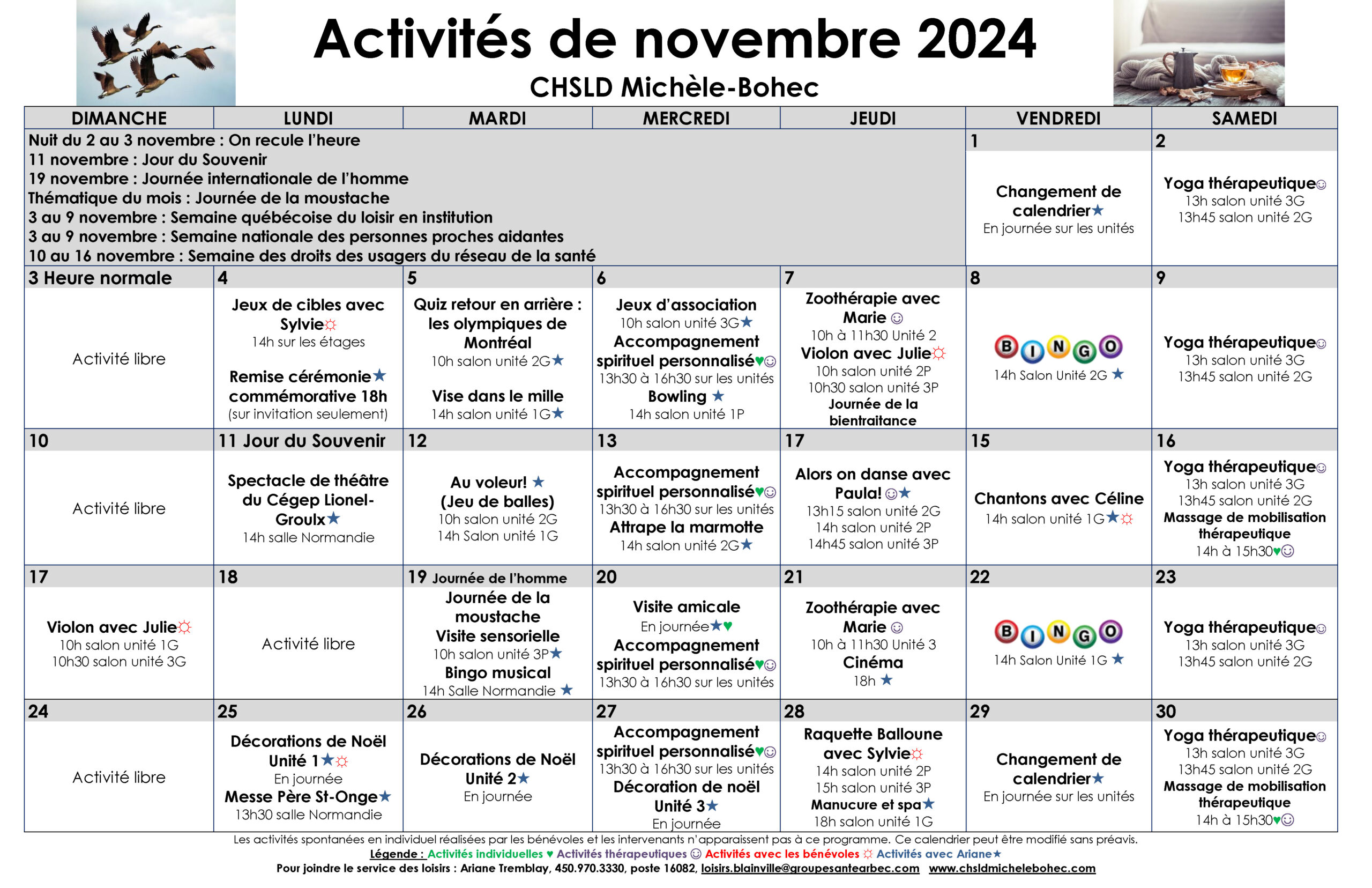 Calendrier des loisirs du mois de novembre 2024 pour les résidents du CHSLD Michèle-Bohec