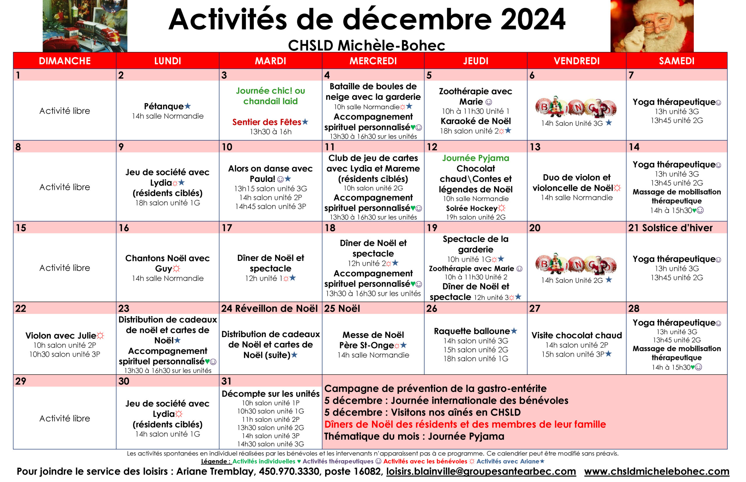 Calendrier des loisirs du mois de décembre 2024 pour les résidents du CHSLD Michèle-Bohec