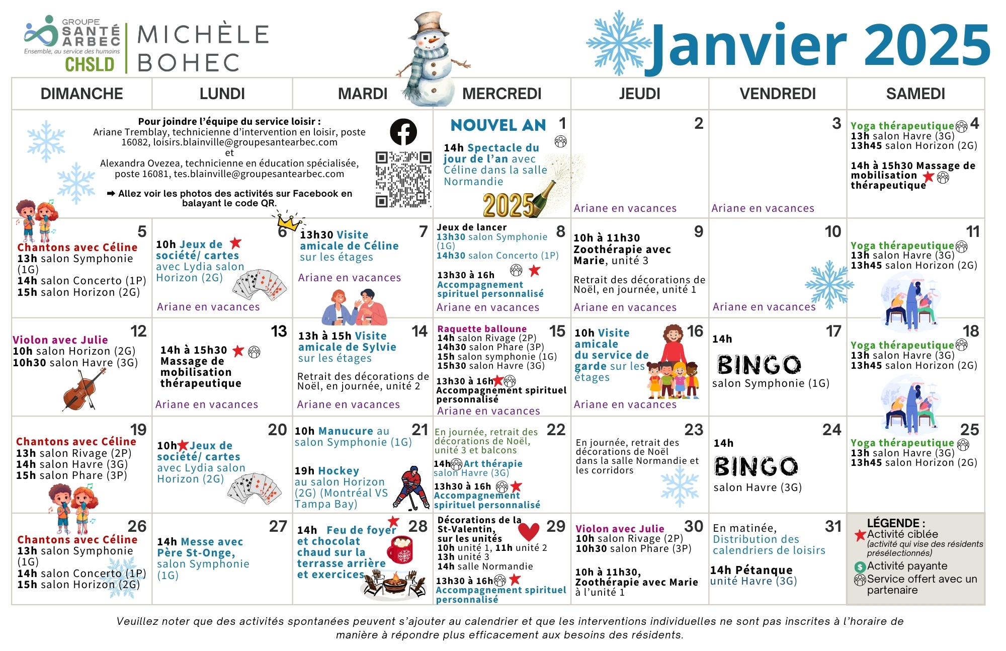 Activités de loisirs du mois de janvier 2025 pour les résidents du CHSLD Michèle-Bohec