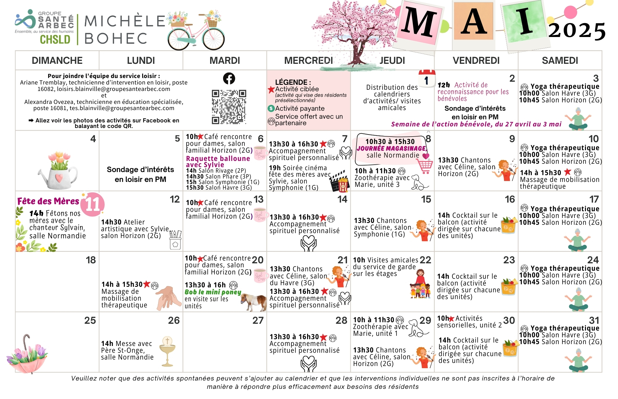 Activités de loisirs du mois de mai 2025 pour les résidents du CHSLD Michèle-Bohec