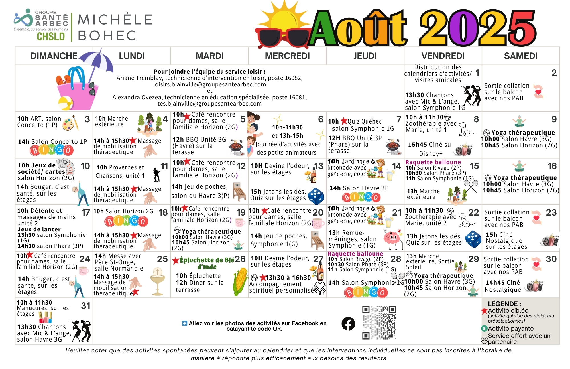 Activités de loisirs du mois d'août 2025 pour les résidents du CHSLD Michèle-Bohec