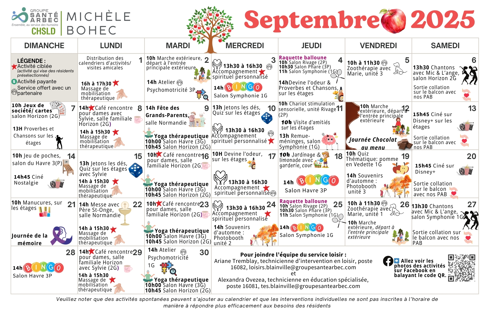Activités de loisirs du mois de septembre 2025 pour les résidents du CHSLD Michèle-Bohec
