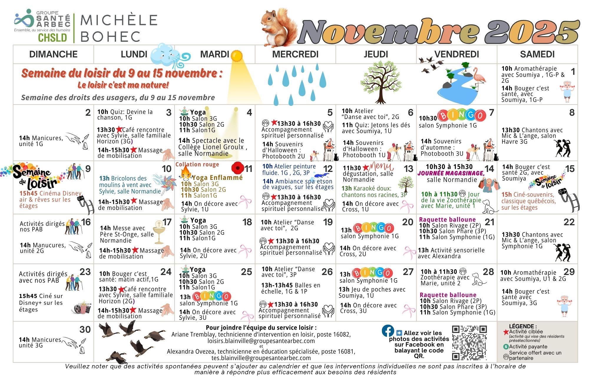 Activités de loisirs du mois de novembre 2025 pour les résidents du CHSLD Michèle-Bohec