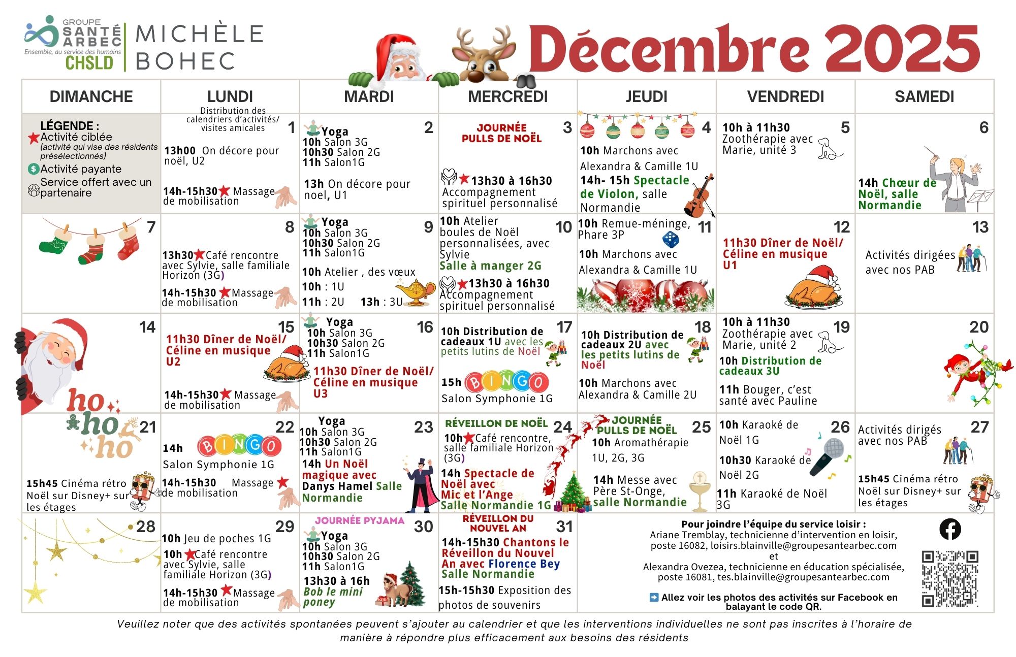 Activités de loisirs du mois de décembre 2025 pour les résidents du CHSLD Michèle-Bohec