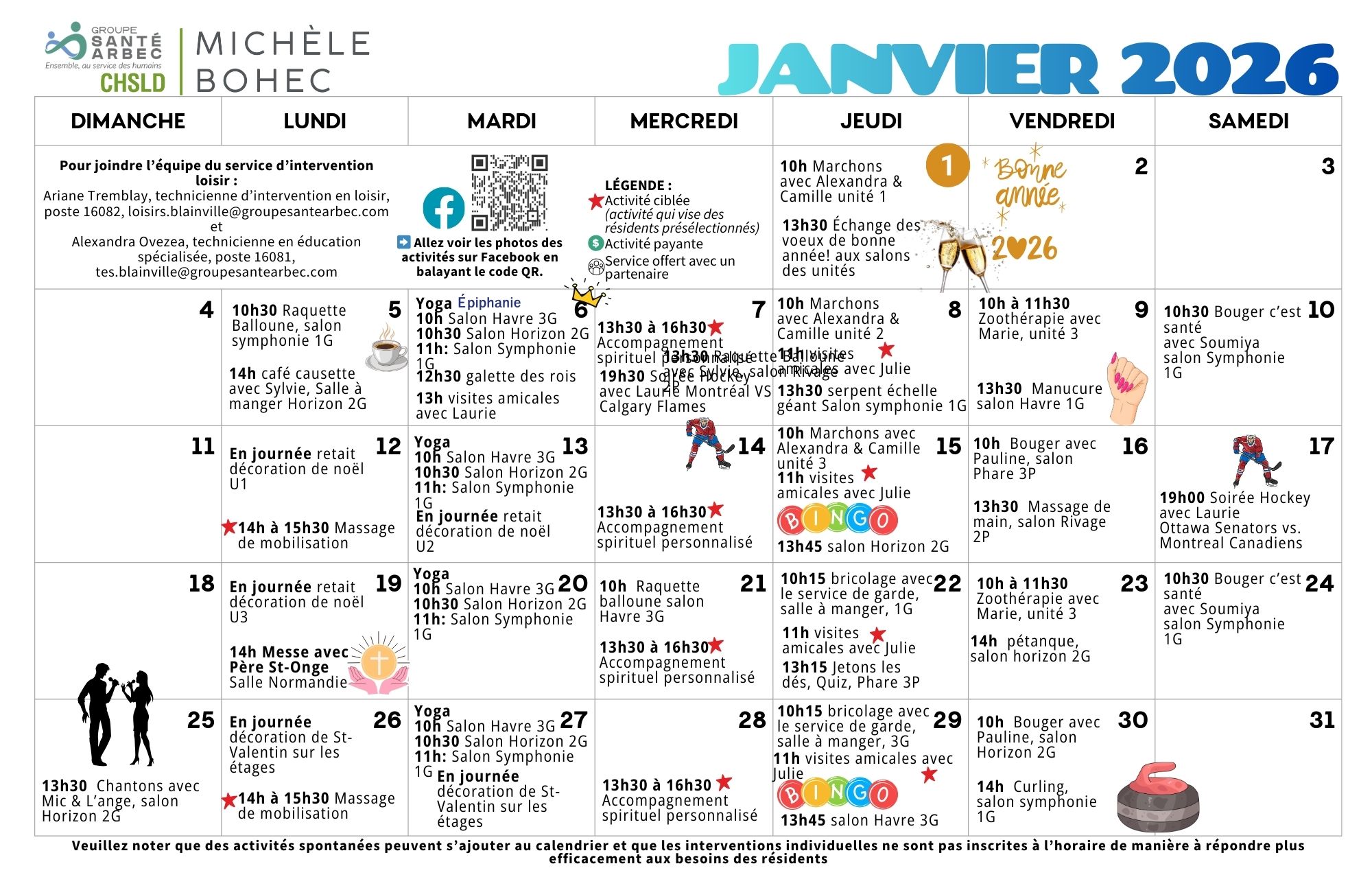 Activités de loisirs du mois de janvier 2026 pour les résidents du CHSLD Michèle-Bohec
