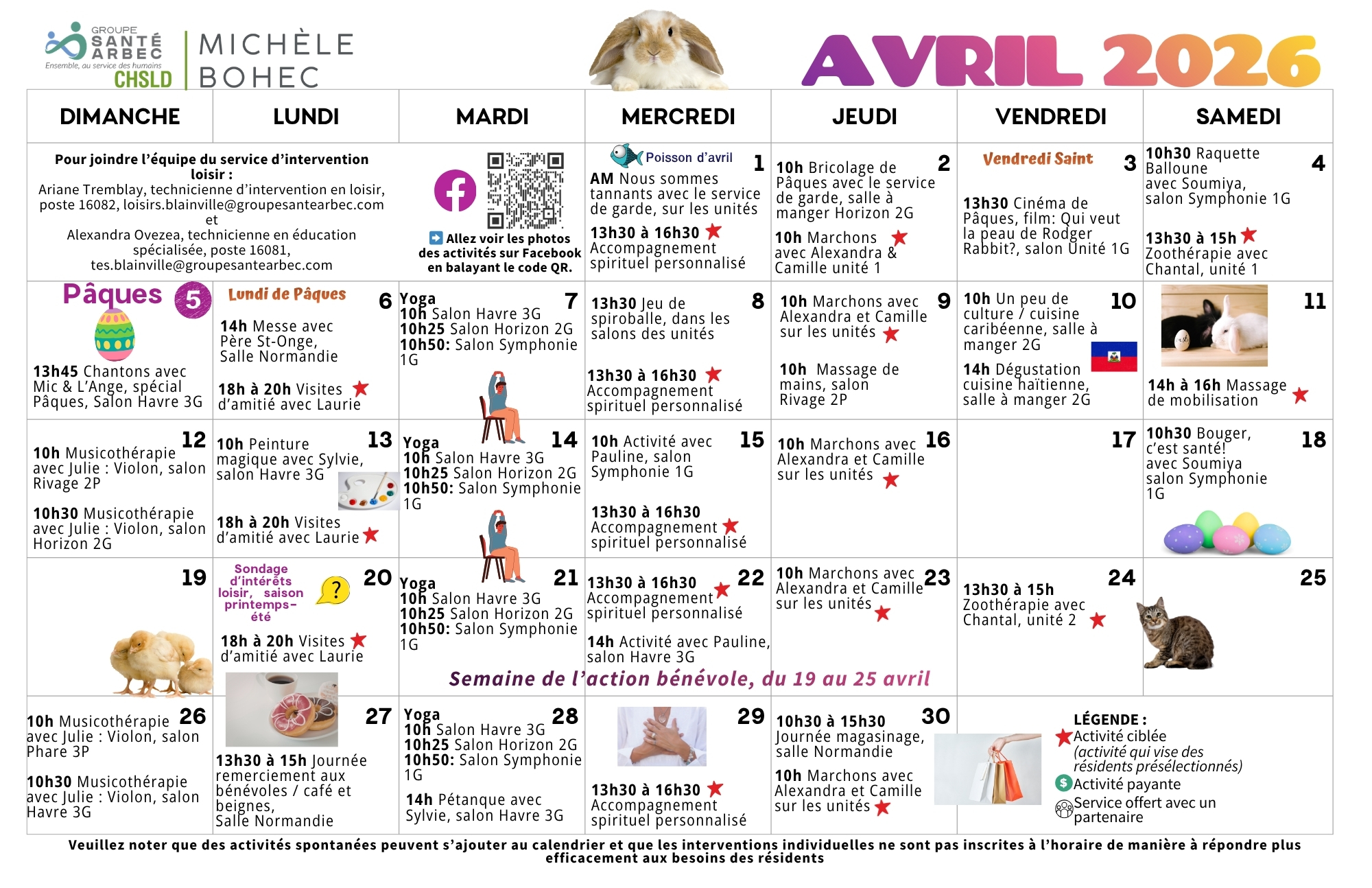 Activités de loisirs du mois d'avril 2026 pour les résidents du CHSLD Michèle-Bohec