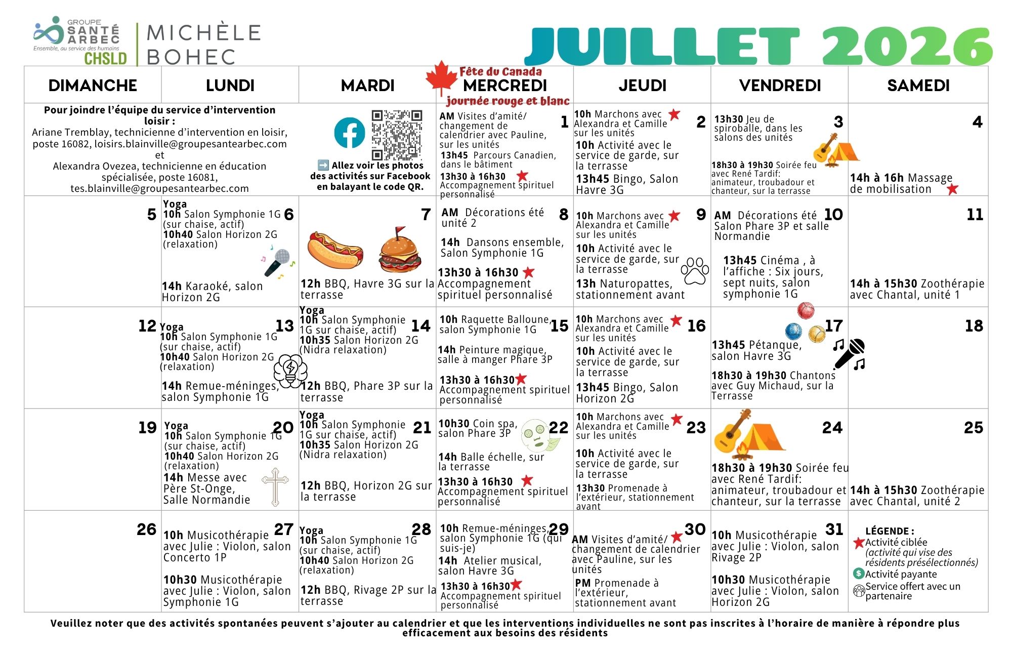 Activités de loisirs du mois de juillet 2026 pour les résidents du CHSLD Michèle-Bohec