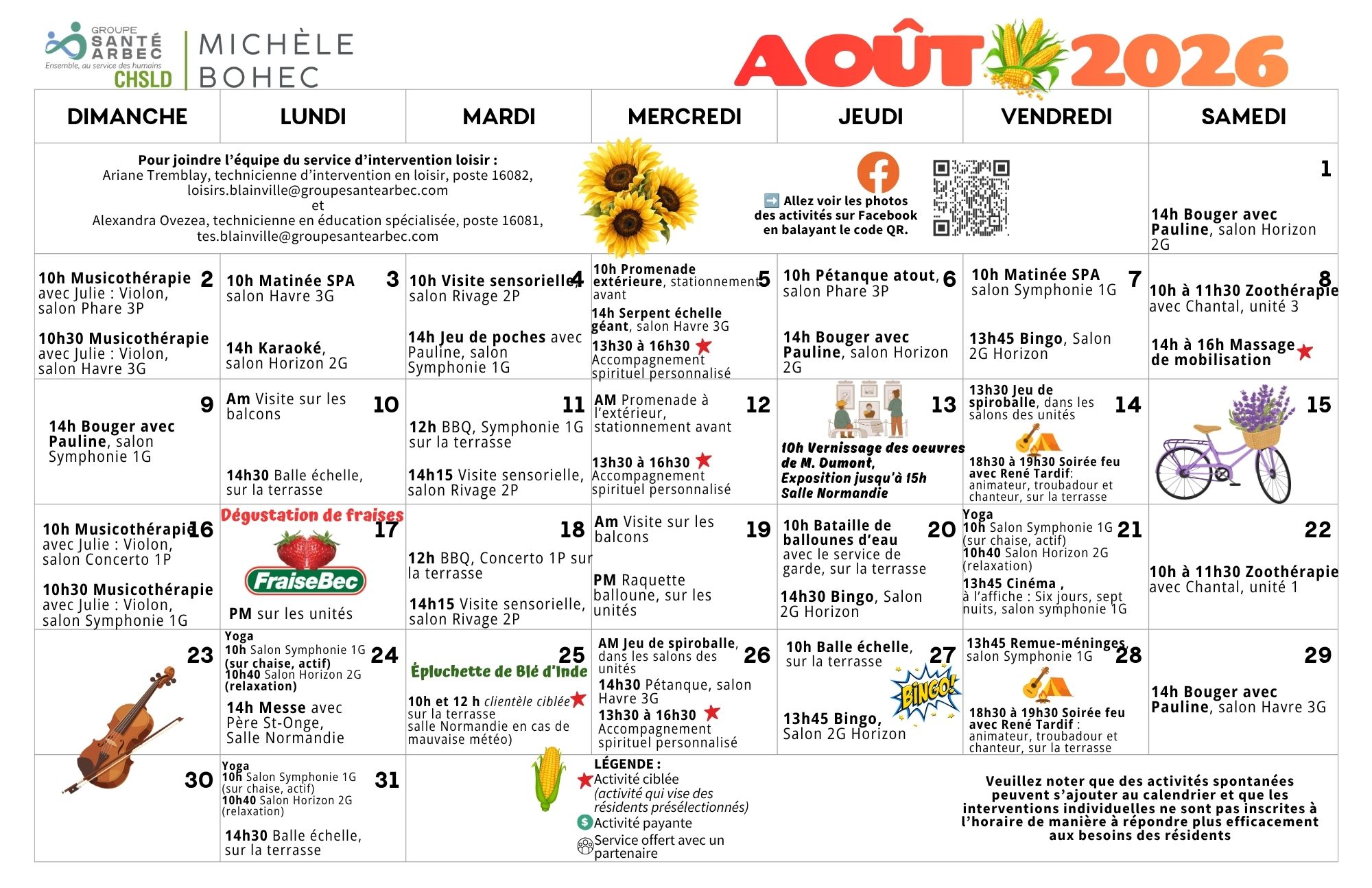 Activités de loisirs du mois d'août 2026 pour les résidents du CHSLD Michèle-Bohec