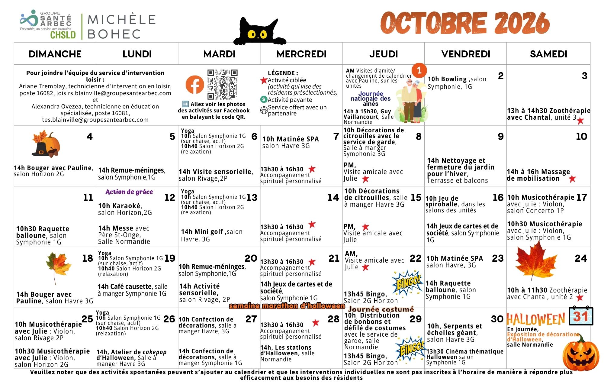 Activités de loisirs du mois d'octobre 2026 pour les résidents du CHSLD Michèle-Bohec